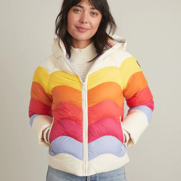 Marine Layer x Lost and Found Apres Puffer Jacket in Antique White Colorblock XS - Picture 4 of 8